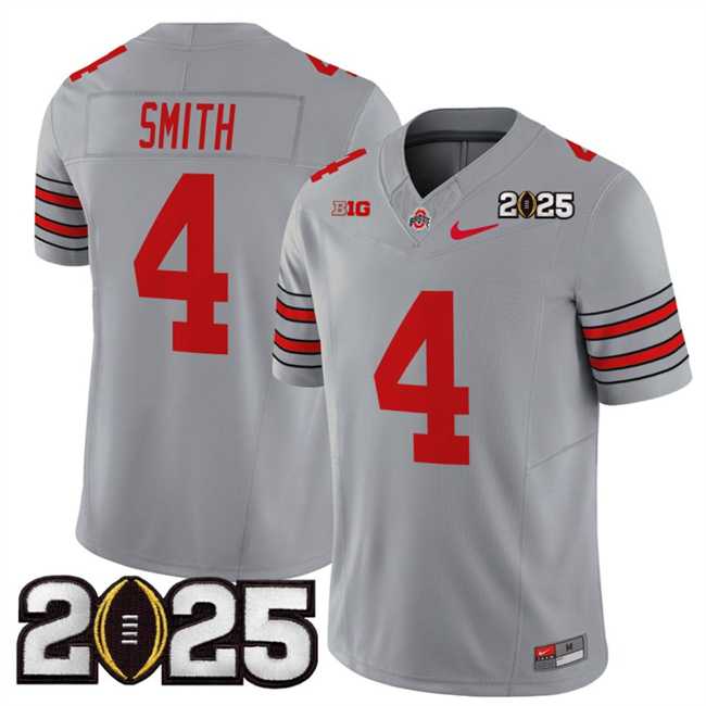 Men%27s Ohio State Buckeyes #4 Jeremiah Smith Grey 2025 CFP Final Patch F.U.S.E. Vapor Limited Stitched Football Jersey
